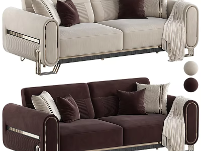 Two Seater Sofa Light Beige Dark Brown with Throw Pillows Blanket Modern Metal Legs Design 3d model