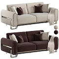 Two Seater Sofa Light Beige Dark Brown with Throw Pillows Blanket Modern Metal Legs Design
