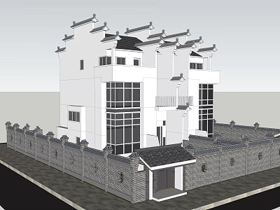 Traditional Chinese Semi Detached Villa Exterior With White Walls Gray Fence And Large Windows 3d model