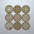 Nine Circular Lattice Windows With Various Geometric Patterns Arranged in Grid 3d model