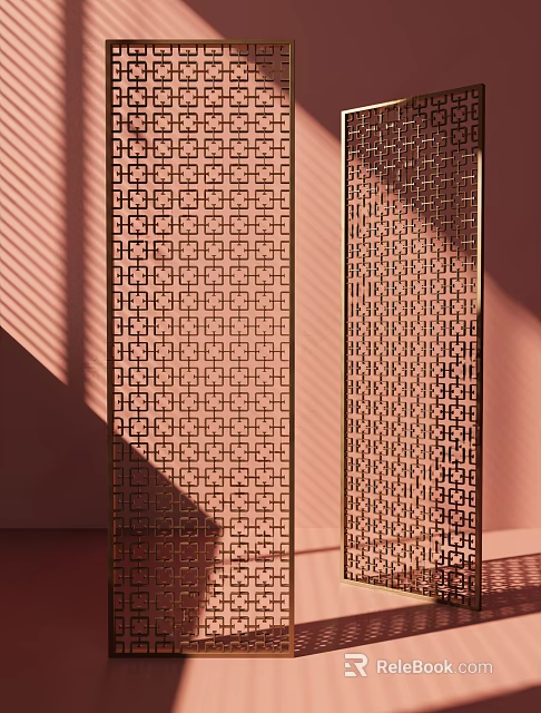 Decorative Room Divider With Geometric Pattern Metal Frame And Pink Background Shadow Effect 3d model