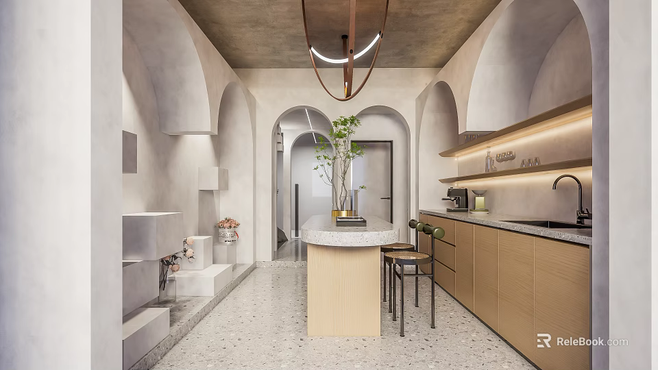 Modern Kitchen Showroom Featuring Open Design Island Counter Marble Cabinets And Appliances 3d model 