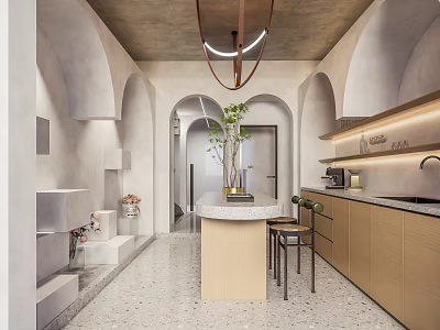 Modern Kitchen Showroom Featuring Open Design Island Counter Marble Cabinets And Appliances 3d model