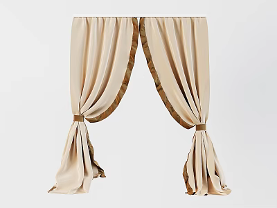 Elegant Beige Curtains With Brown Edge Trim And Tiebacks For Living Room Decor 3d model