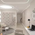 Modern Apartment Interior With White Chairs Coffee Table Circular Lights Arched Doorway Bed And Stools