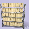 Metal Storage Rack with Multiple Shelves and Neatly Arranged Cardboard Boxes for Efficient Storage 3d model