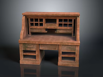 Wooden Writing Desk With Multiple Drawers Shelves And Upper Storage Cubbies 3d model