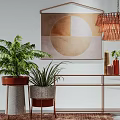 Modern Console Table With Metal Frame Potted Plants Wall Art And Hanging Lamp