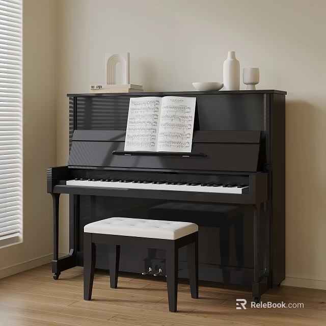 Elegant Black Piano With Sheet Music And White Cushioned Stool In Room Interior 3d model 