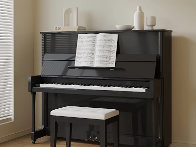 Elegant Black Piano With Sheet Music And White Cushioned Stool In Room Interior 3d model