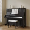 Elegant Black Piano With Sheet Music And White Cushioned Stool In Room Interior