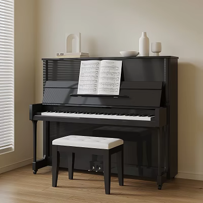 Elegant Black Piano With Sheet Music And White Cushioned Stool In Room Interior 3d model