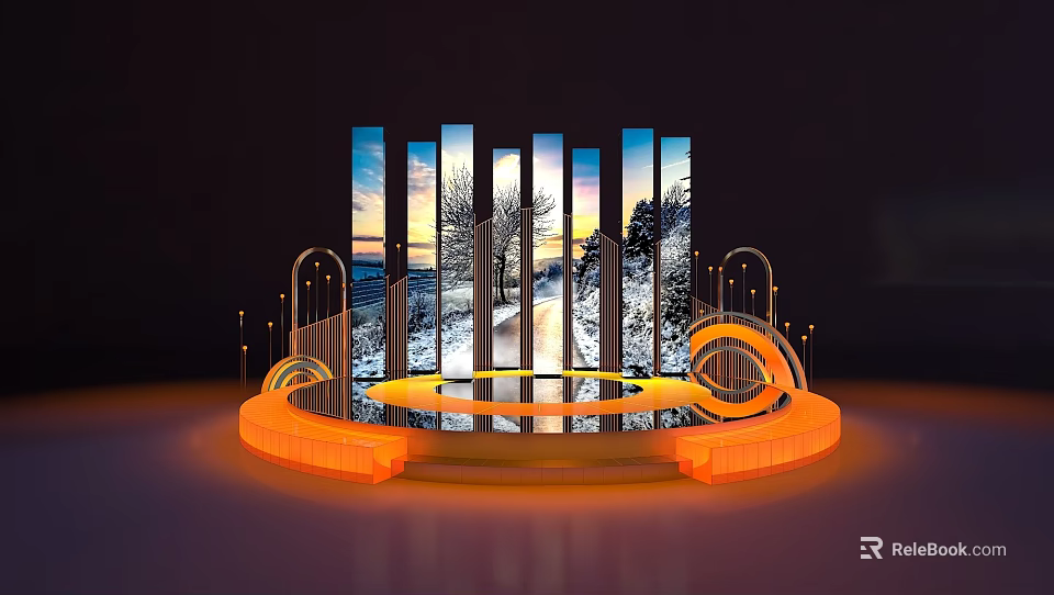 Curved Orange Illuminated Stage With Circular Structure And Winter Snow Sunset Vertical Screens 3d model 
