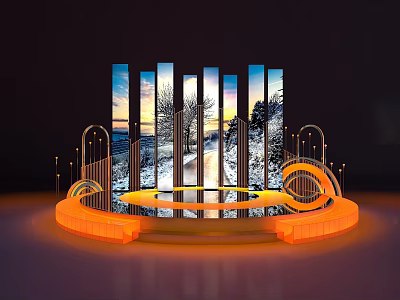 Curved Orange Illuminated Stage With Circular Structure And Winter Snow Sunset Vertical Screens 3d model
