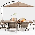 Modern Outdoor Table Setup With Arched Umbrella Chairs Fruits And Green Plant