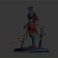 Armored Man Statue With Red Cape Holding Swords On Display Base