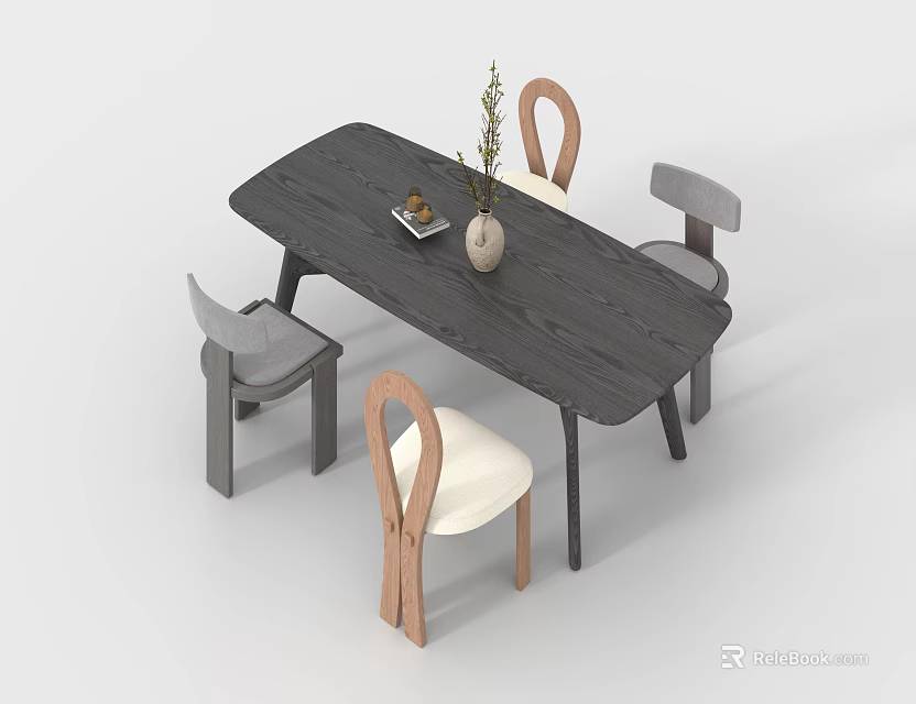 Dark Wooden Dining Table With Four Curved Back Chairs Light Wood Gray Vase Plant Tray 3d model 