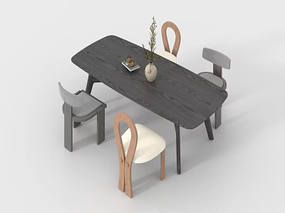 Dark Wooden Dining Table With Four Curved Back Chairs Light Wood Gray Vase Plant Tray 3d model