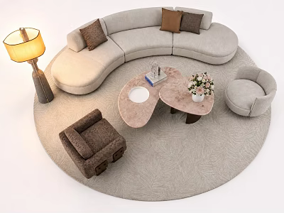Curved Light Gray Sofa Set with Brown Cushions Round Rug Coffee Table and Floor Lamp 3d model