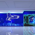 Digital Exhibition Hall Interior With Blue LED Screens Wireframe Structures And Display Podium 3d model