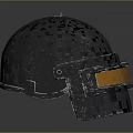 Tactical Metallic Helmet With Orange Visor And Worn Surface Texture Design