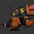 Playful Orange Black Mechanical Creature With Barrel Body Antenna Wheels And Gears