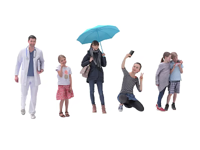 Diverse People Including Doctor Little Girl Woman With Blue Umbrella Selfie Taker And Hugging Children 3d model