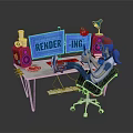 Computer Workstation With Dual Rendering Monitors Ergonomic Chair And Desk Accessories 3d model