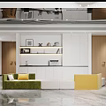 Modern Public Office Area With Colorful Sofa Seating Green Plant And TV Screen