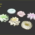 White Whipped Cream Dessert Decorations With Various Flower Spiral And Round Shapes On Black Background