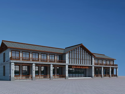 Traditional Modern Building With Wooden Roof Glass Curtain Wall And Open Square Front 3d model
