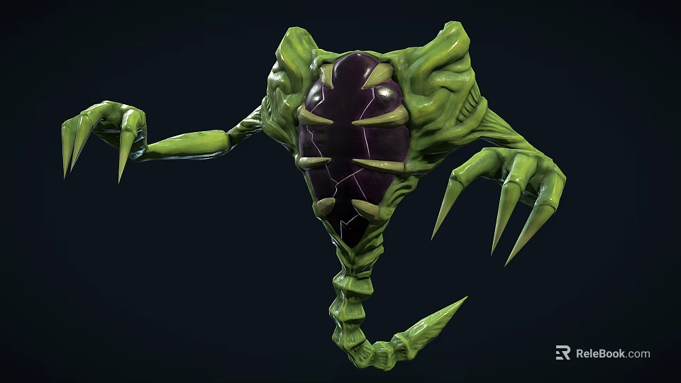 Green Monster Game Movie Character With Purple Body Claws And Scorpion Like Tail 3d model 