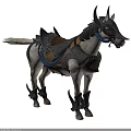 Light Colored Horse Wearing Metallic Armor Headpiece Leg Guards And Saddle