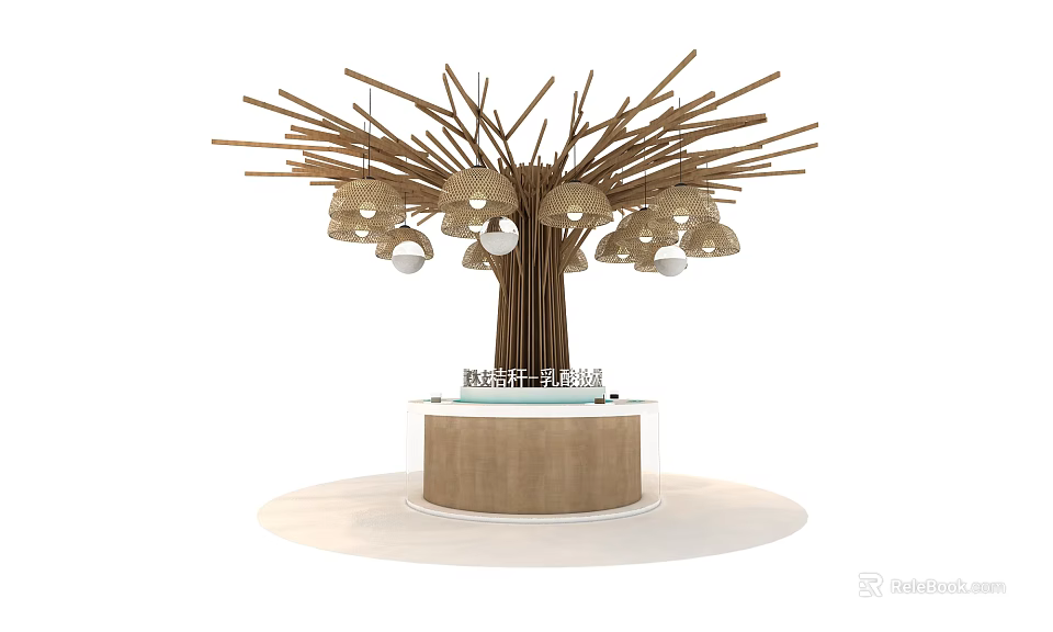 Modern Artistic Display Shelf With Tree Branch Structure And Hanging Lights 3d model