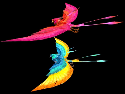 Two Colorful Flying Birds With Pink Red And Blue Yellow Feathers Against Black Background 3d model