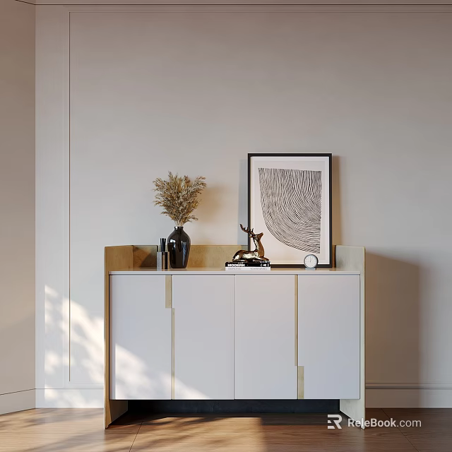 Elegant Modern Entryway Cabinet Sideboard With Dried Flowers Vase And Decorative Painting Clock 3d model 
