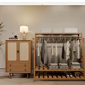 Wooden Clothes Rack With Hanging Clothes Side Cabinet Table Lamp Potted Plant And Storage Boxes