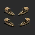 Four Traditional Wooden Boats With Bamboo Canopies Symmetrically Arranged On Dark Background