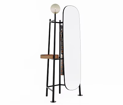 Oval Standing Mirror with Black Metal Stand and Small Wooden Shelf in Home Interior Decor 3d model
