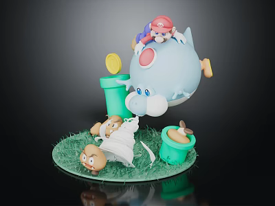 Cute Blue Cartoon Character With Pink Hat Small Buckets Gold Coin On Green Grass 3d model