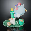 Cute Blue Cartoon Character With Pink Hat Small Buckets Gold Coin On Green Grass