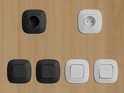 Modern Black And White Switch Panels On Wooden Surface With Light Switches And Sockets 3d model