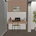 Modern Desk with Wooden Cabinet Above Laptop Books Red Figurine Yellow Chair and Green Plant