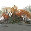 Garden Trees with Red Orange Leaves Stone Sand Ground and People in Traditional Clothing