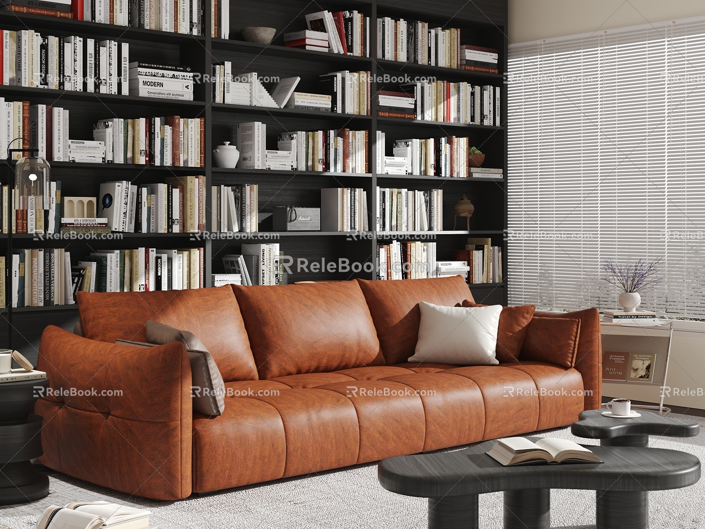 Three-seat sofa coffee table bookcase 3d model