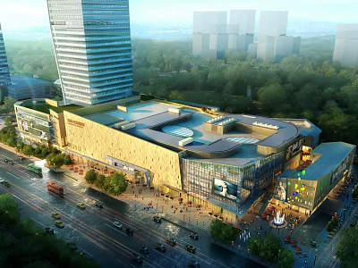 Modern Commercial Complex With High Rise Buildings Busy Streets And Pedestrians Surrounded By Greenery 3d model