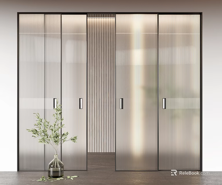Modern Interior Sliding Doors With Ribbed Glass Design Warm Lighting And Green Plant 3d model 