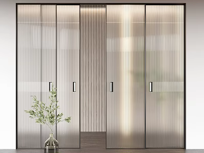 Modern Interior Sliding Doors With Ribbed Glass Design Warm Lighting And Green Plant 3d model