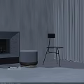 Modern Interior With Stylish Leisure Chair Metal Frame And Round Stool By Fireplace
