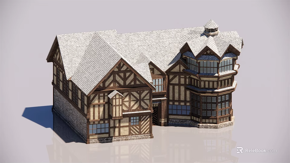 Tudor Style Hotel Building With Timber Framed Stone Walls Sloped Roof And Tower Design 3d model 